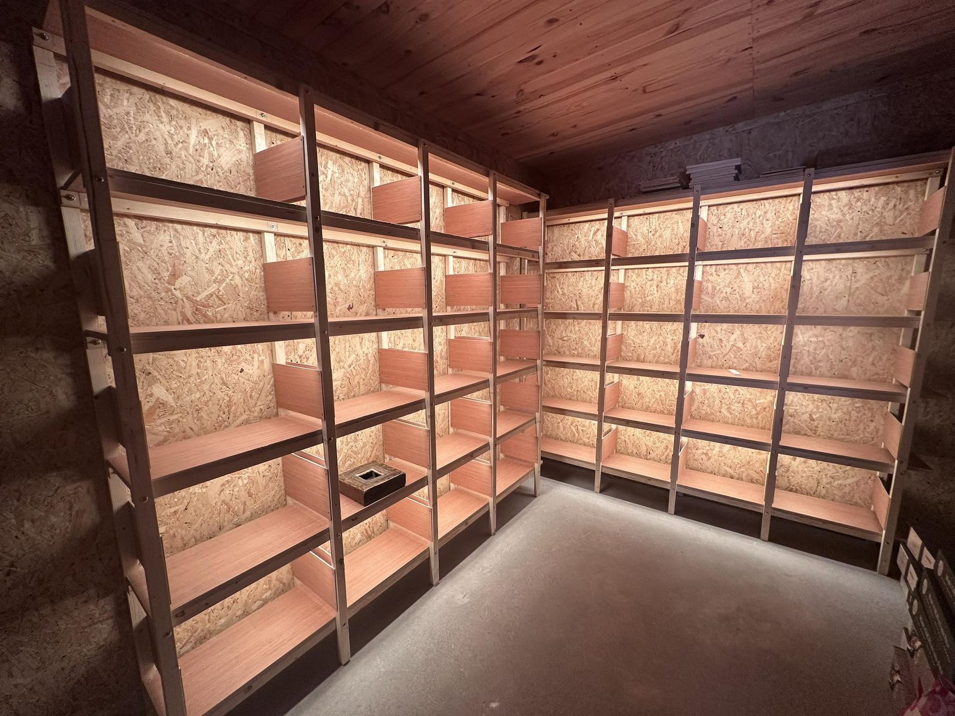 Cave à vin équipée d'un éclairage LED intégré dans des profils aluminium sous chaque étagère, réalisée à Saméon